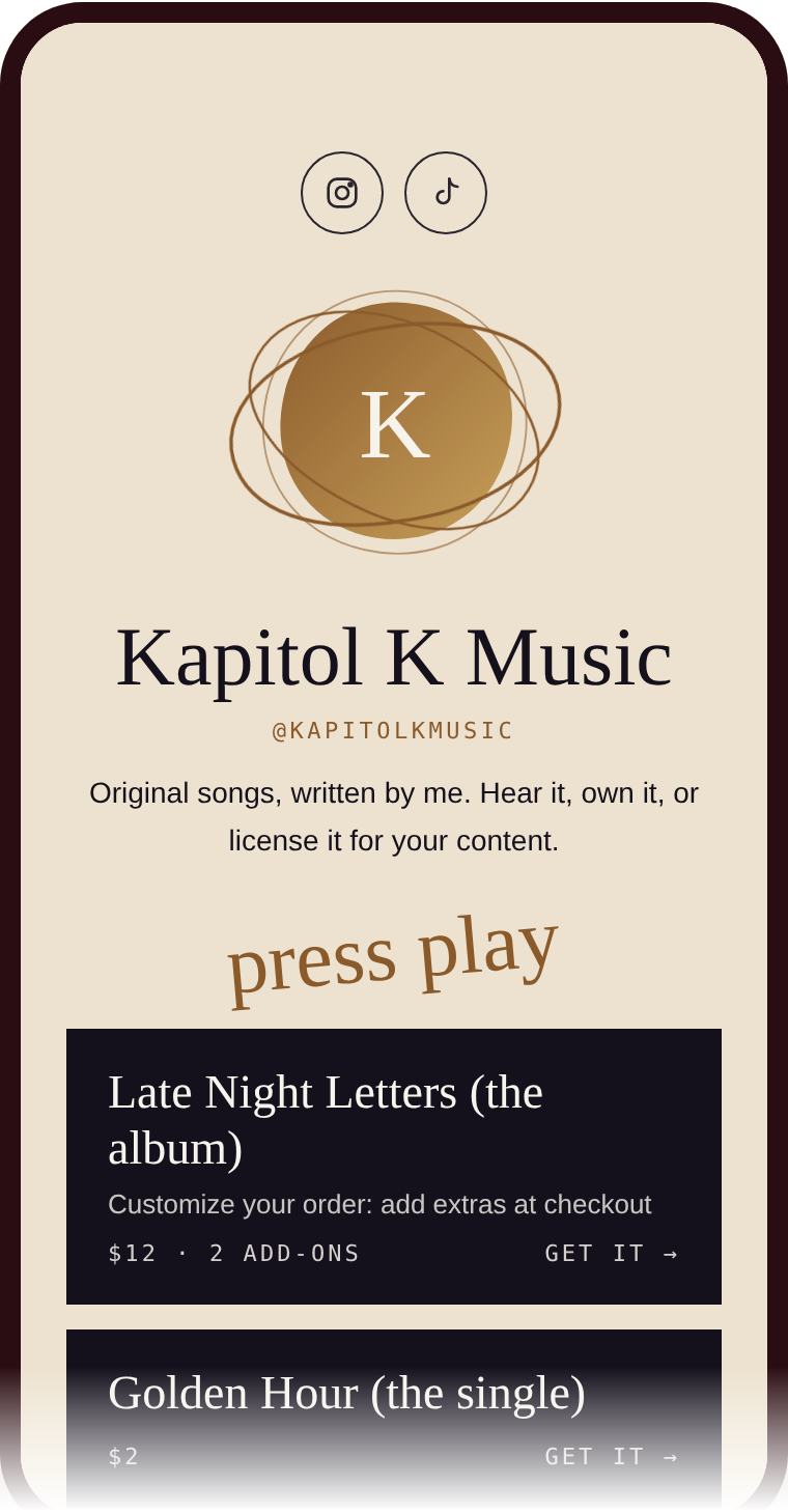 Example music artist page on a phone with an album, a single and a creator license for sale