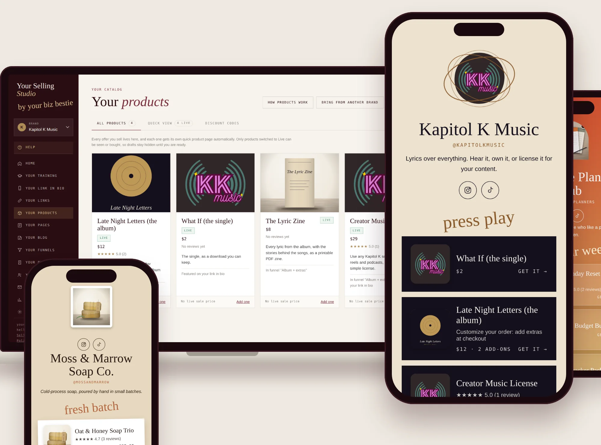 Three example link in bio pages on phones: Kapitol K Music in the middle, a soap shop on the left and a planner shop on the right